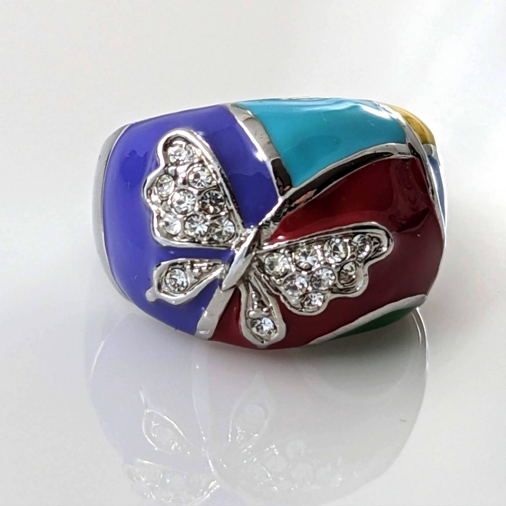 Multi Colored Butterfly & Crystal Dome Ring